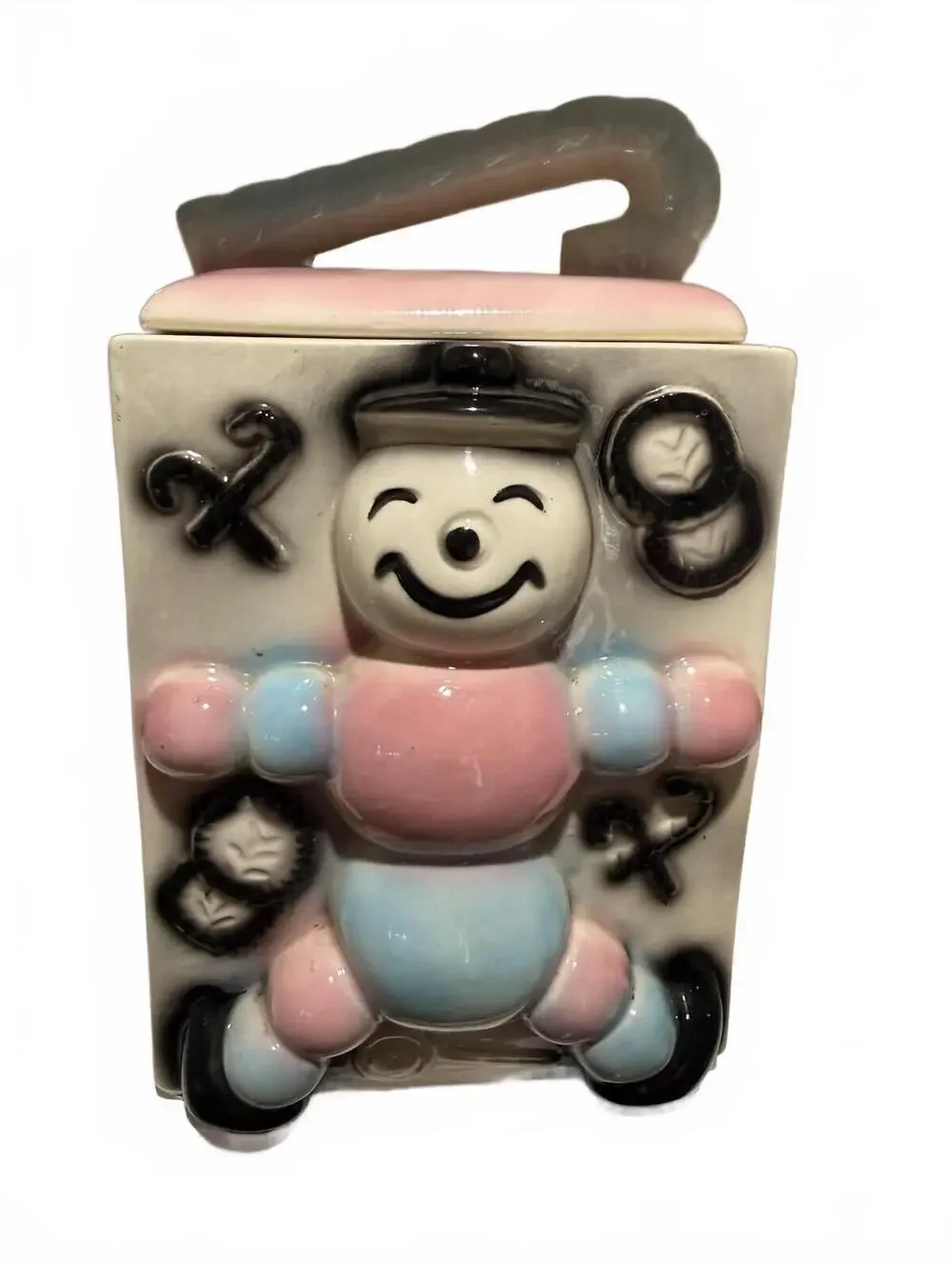 Vintage American Bisque Candy Cane Snowman Puppet Blue Pink Cookie Jar w/Lid